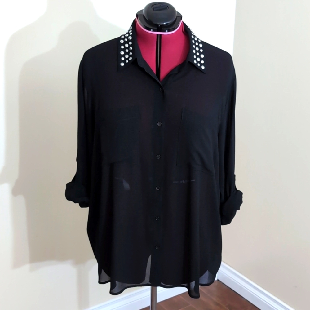 Michael Kors| Black Button Up Sheer Blouse With Silver Toned Studded Detailing